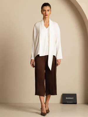 Image of Blusa in Seta 19Momme per Donna con Collo a V e Fiocco Asimmetrico