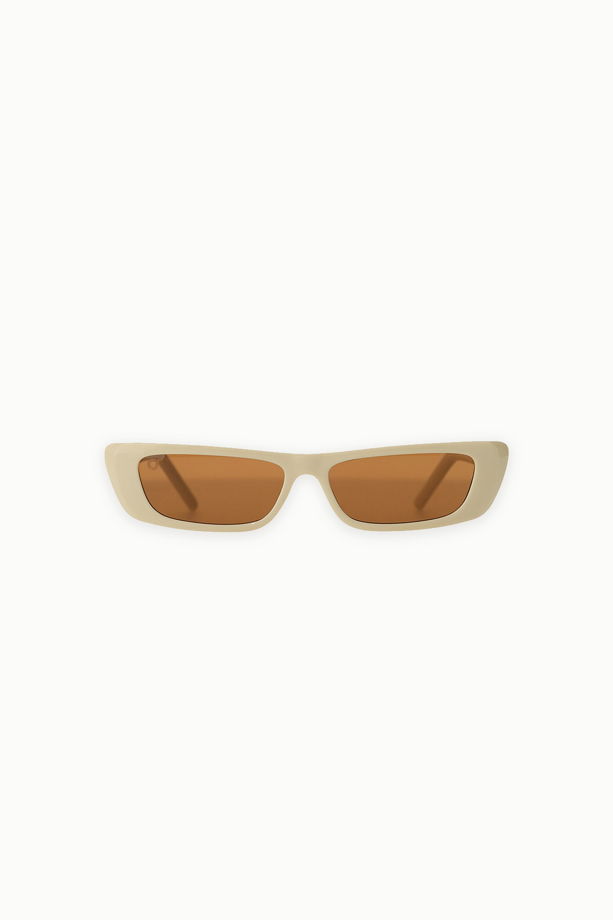 Beige slim rectangular sunglasses with brown lenses on white background