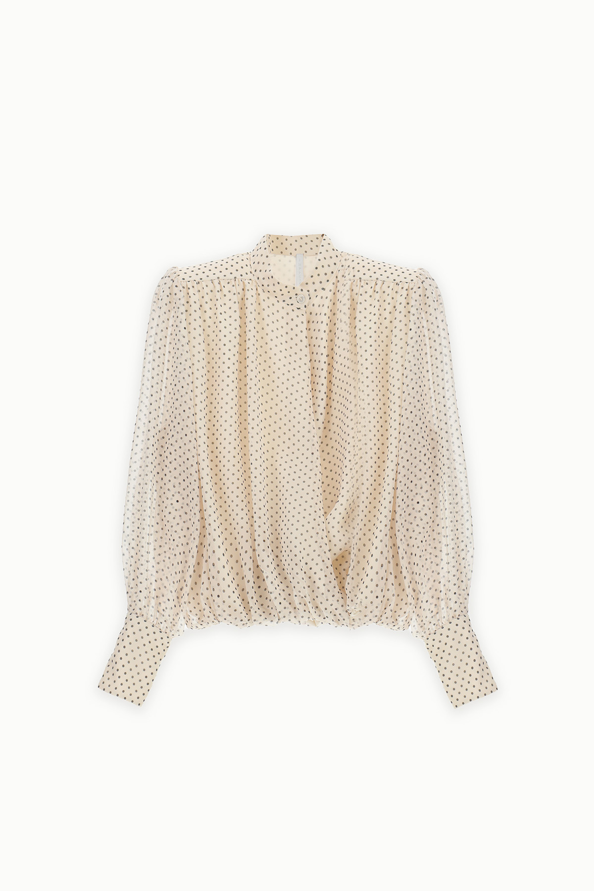 Cream polka-dot long-sleeve blouse with high stand collar, gathered shoulders, elasticated hem and buttoned cuffs
