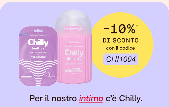 Due prodotti Chilly su sfondo lilla: maschera intima lenitiva e detergente intimo delicato. A destra un bollino giallo indica: &ldquo;-10% di sconto con il codice CHI1004&rdquo;. In basso il testo: &ldquo;Per il nostro intimo c&rsquo;&egrave; Chilly&rdquo;, con &ldquo;intimo&rdquo; evidenziato in rosso corsivo e sottolineato.
