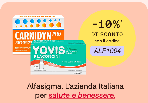 Due prodotti Alfasigma su sfondo pesca: Carnidyn Plus e Yovis flaconcini. A destra un bollino giallo indica: &ldquo;-10% di sconto con il codice ALF1004&rdquo;. In basso il testo: &ldquo;Alfasigma. L&rsquo;azienda italiana per salute e benessere&rdquo;, con &ldquo;salute e benessere&rdquo; evidenziato in rosso corsivo e sottolineato.