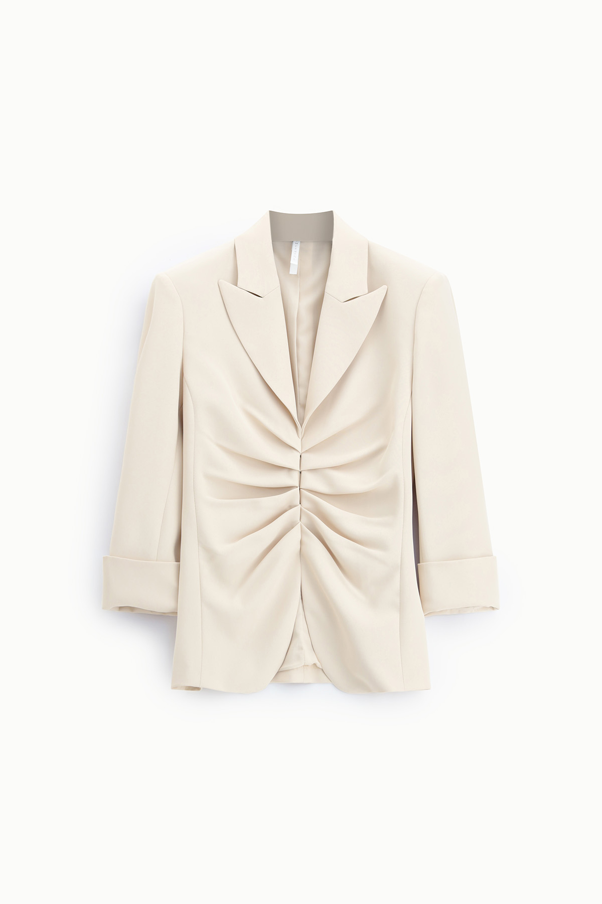 Women's beige ruched blazer with notched lapels and three-quarter sleeves, tailored fit for smart-casual wear