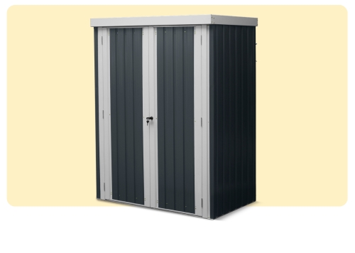 Compact dark grey metal garden storage shed with light grey trim, double doors and padlock