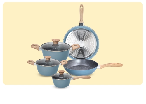 Blue 5-piece non-stick cookware set with wood-effect handles and glass lids – frying pan, saucepans and casserole pans