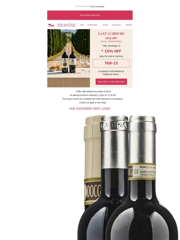 LAST 24 HOURS | All Tuscan wines at 15% off