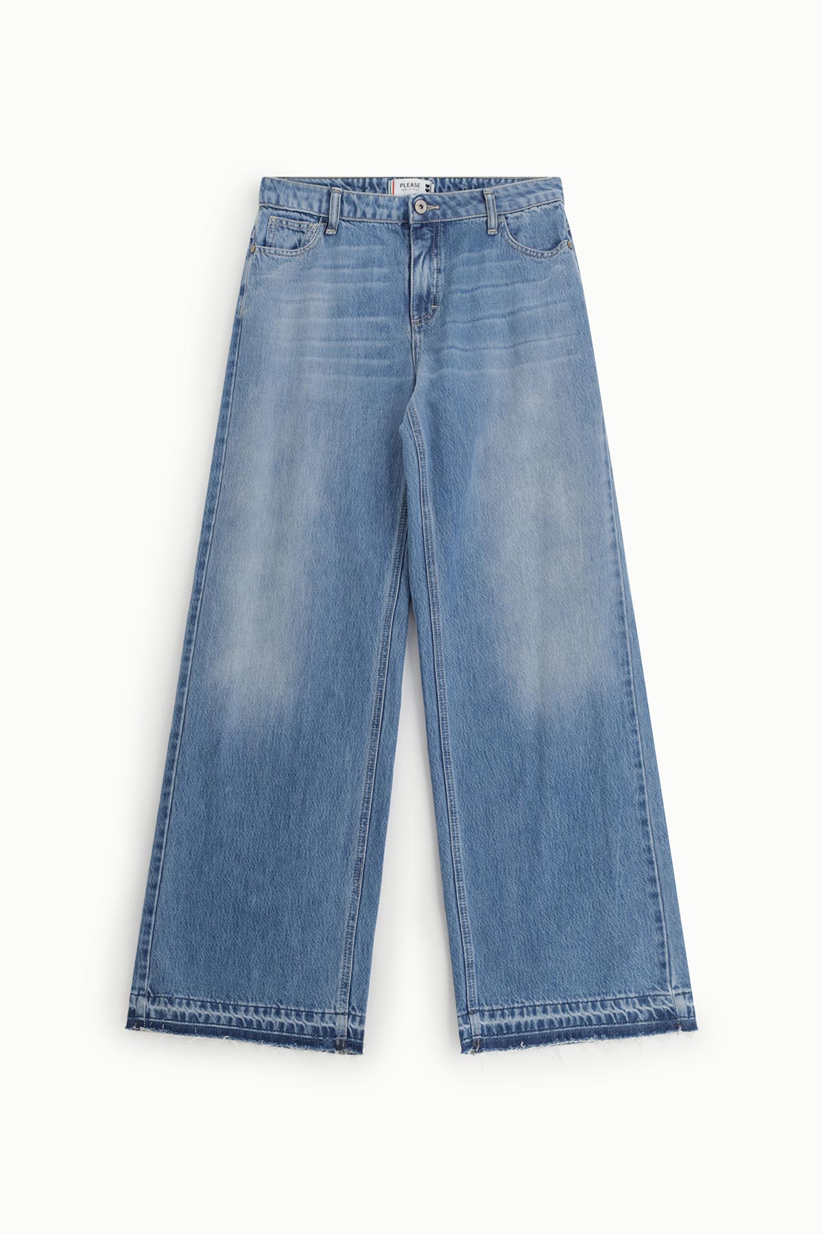 Light-blue wide-leg, high-waisted cropped denim jeans with faded wash and frayed hem, laid flat on a white background