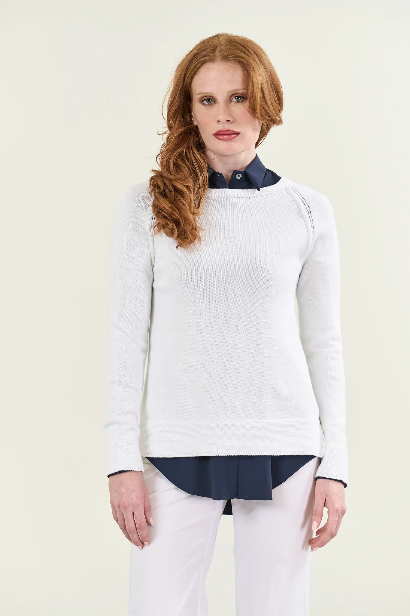 Image of Girocollo bianca cotone manica raglan