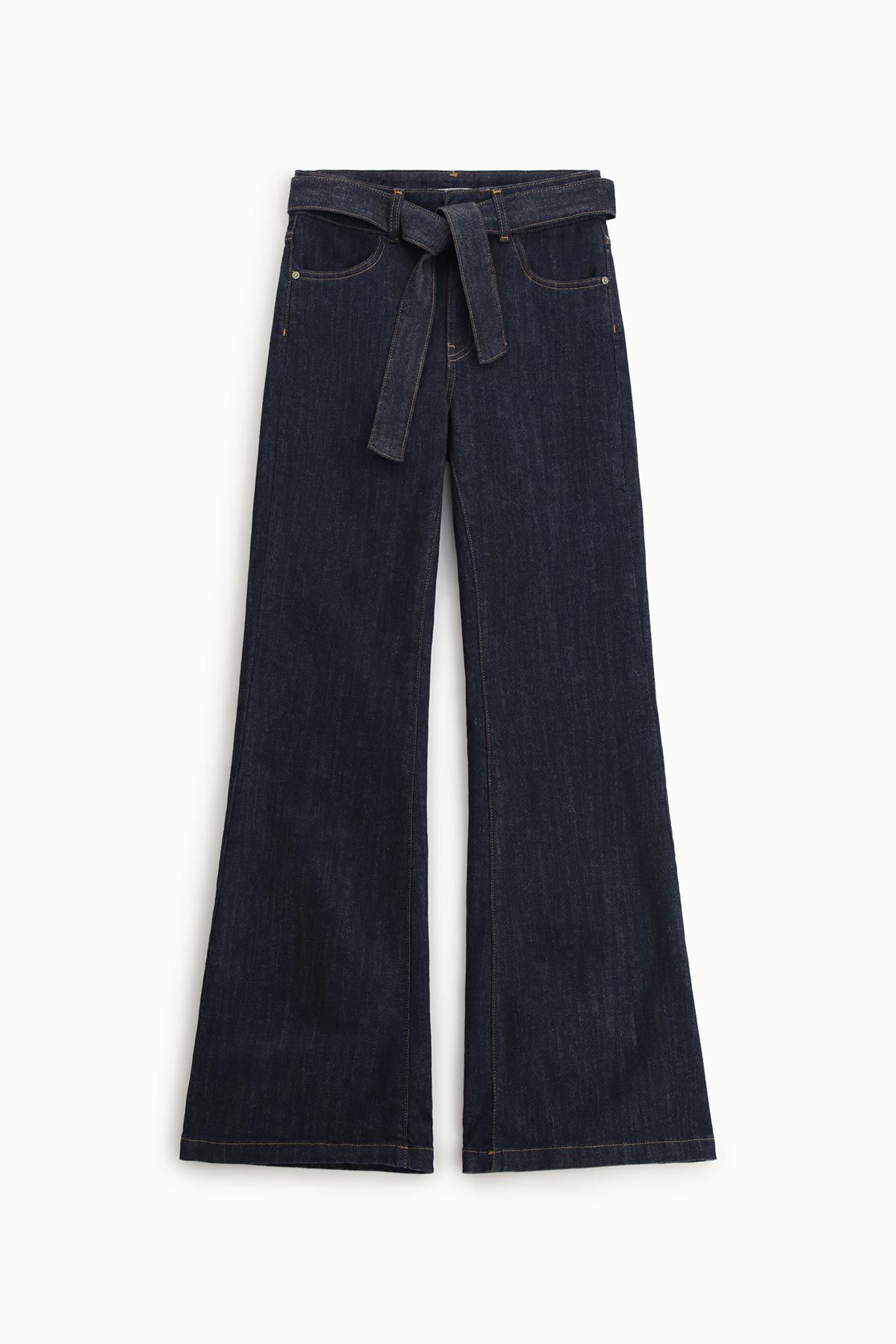 High-waisted dark indigo wide-leg denim jeans with self-tie waist belt and front pockets