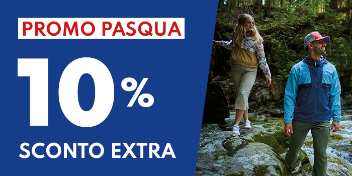 Easter promo banner 10% extra discount – couple hiking through forest stream in outdoor jackets
