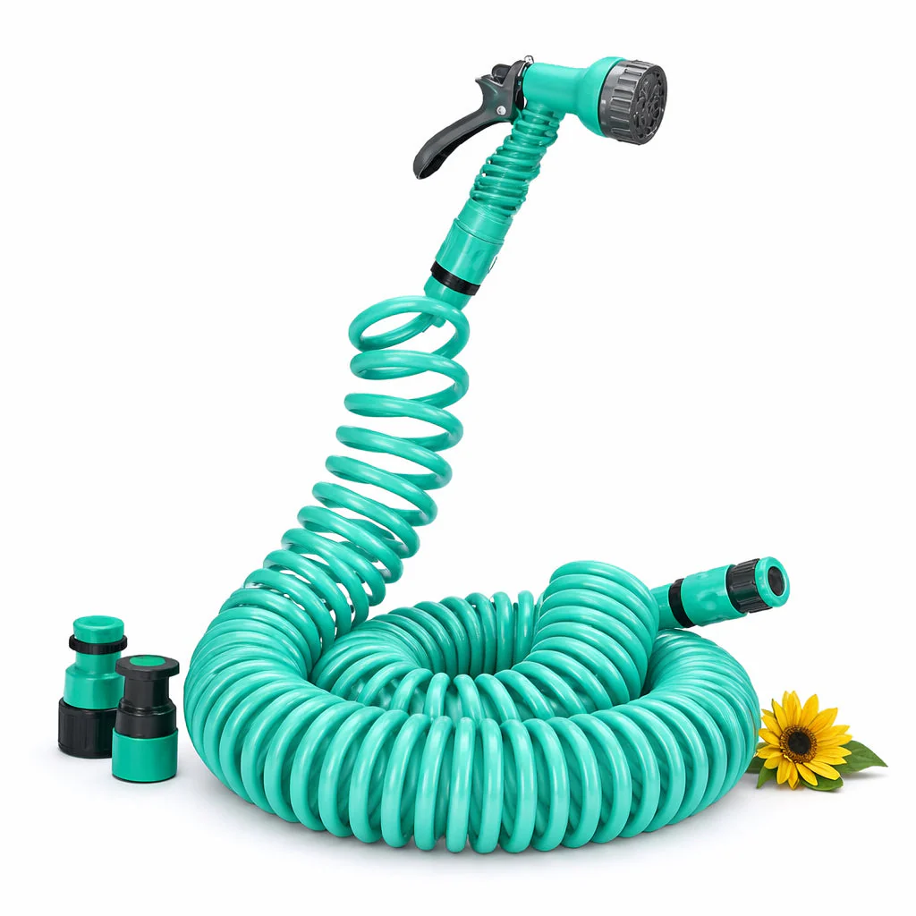 Tubo Estensibile 15MT a Molla Pvc con Doccetta 8 Funzioni Irrigazione Giardino