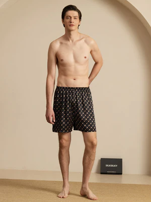 Image of Pantaloncini Da Uomo In Pure Silk Catena Blu Navy Stampa Vita Elasticizzata