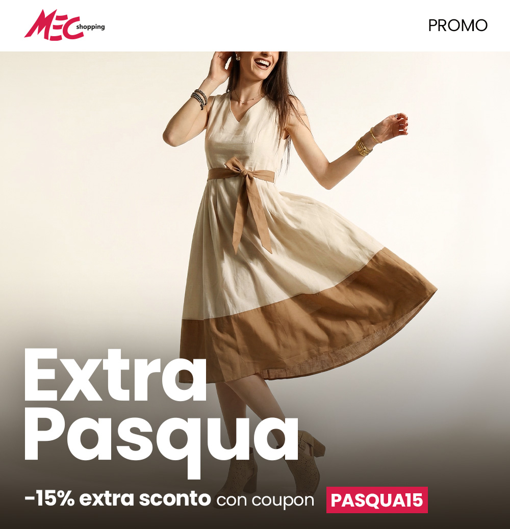 Promotional banner showing a smiling woman twirling in a beige midi dress beside 'Extra Pasqua' text and coupon code PASQUA15, 15% off