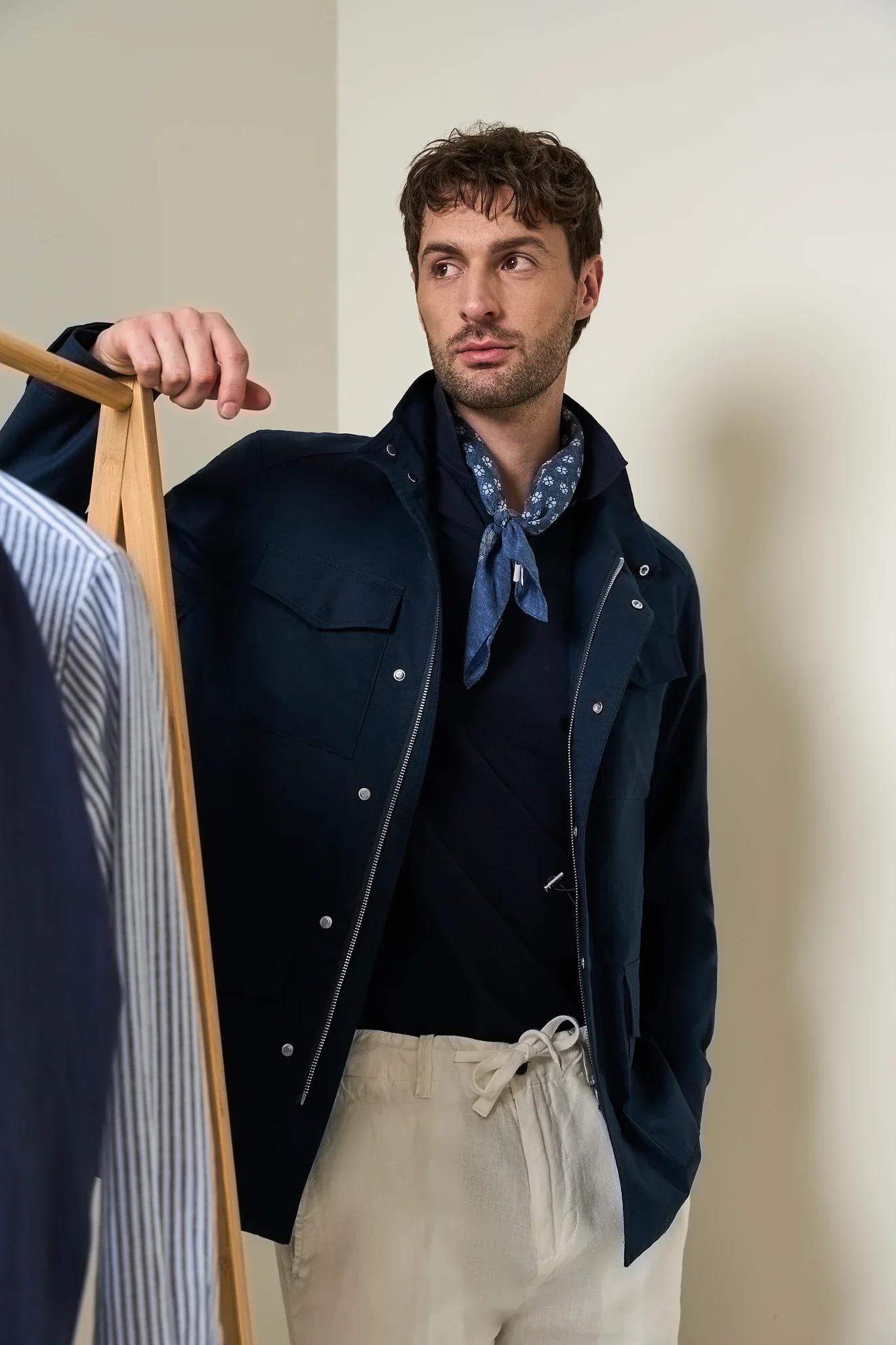 Image of Giacca sahariana blu lino cotone