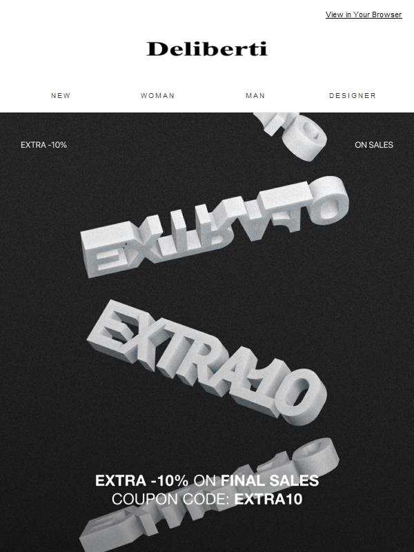 Inizia ora: Extra -10% sui Final Sales, coupon code: EXTRA10