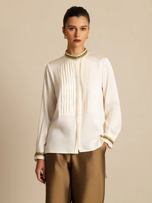 Image of Blusa in Seta 19Momme per Donna con Collo Alto Pieghettato