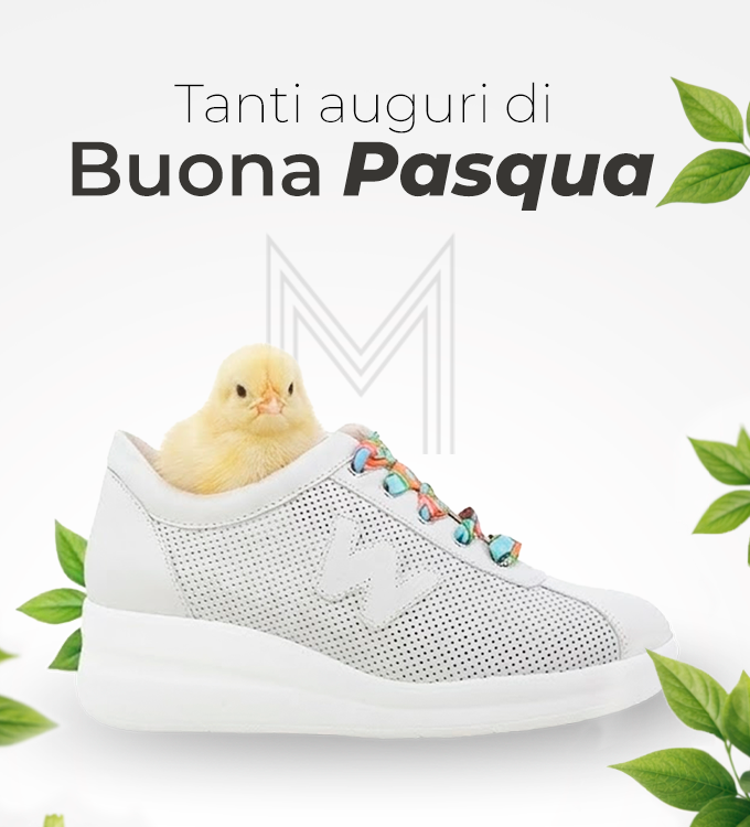 Easter greeting image: yellow chick sitting inside a white perforated sneaker with colorful laces, 'Buona Pasqua' text and green leaves
