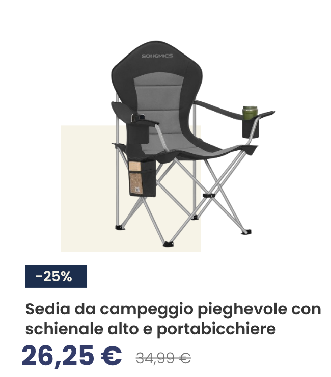 Sedia da campeggio pieghevole con schienale alto e portabicchiere Nero e Grigio