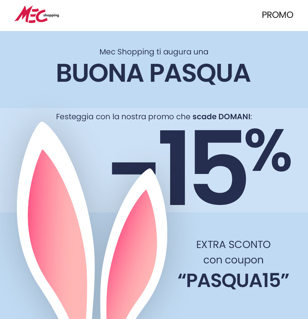 Mec Shopping Easter promo banner with bunny ears, 'Buona Pasqua' greeting and 15% extra discount using coupon PASQUA15