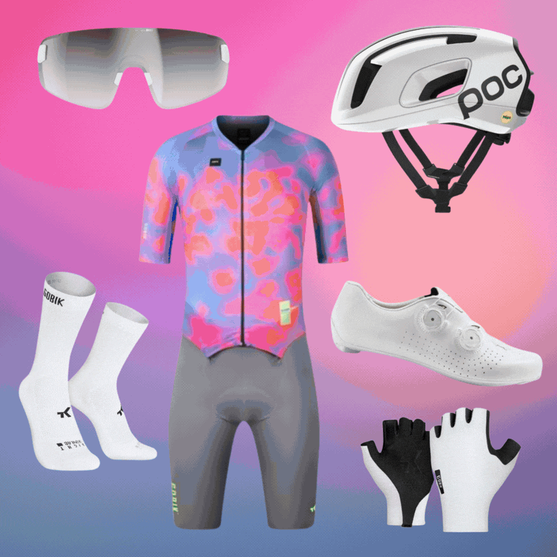 Collage of cycling kit and accessories: men's and women's jerseys, bib shorts, helmets, shoes, sunglasses, socks and gloves on colourful backgrounds