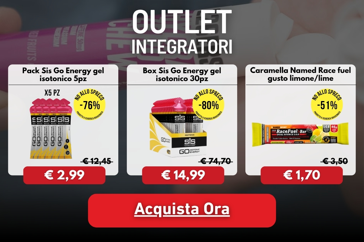 Banner showing three sports supplements (Sis GO Energy gels pack & box, Named RaceFuel bar) with discount badges, prices and an 'Acquista Ora' button