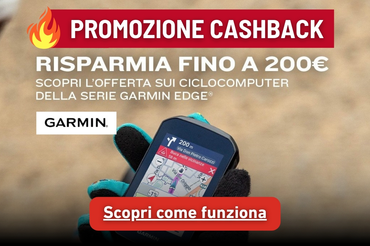 Garmin cashback banner showing Garmin Edge cycle computer in a gloved hand — save up to €200, discover how