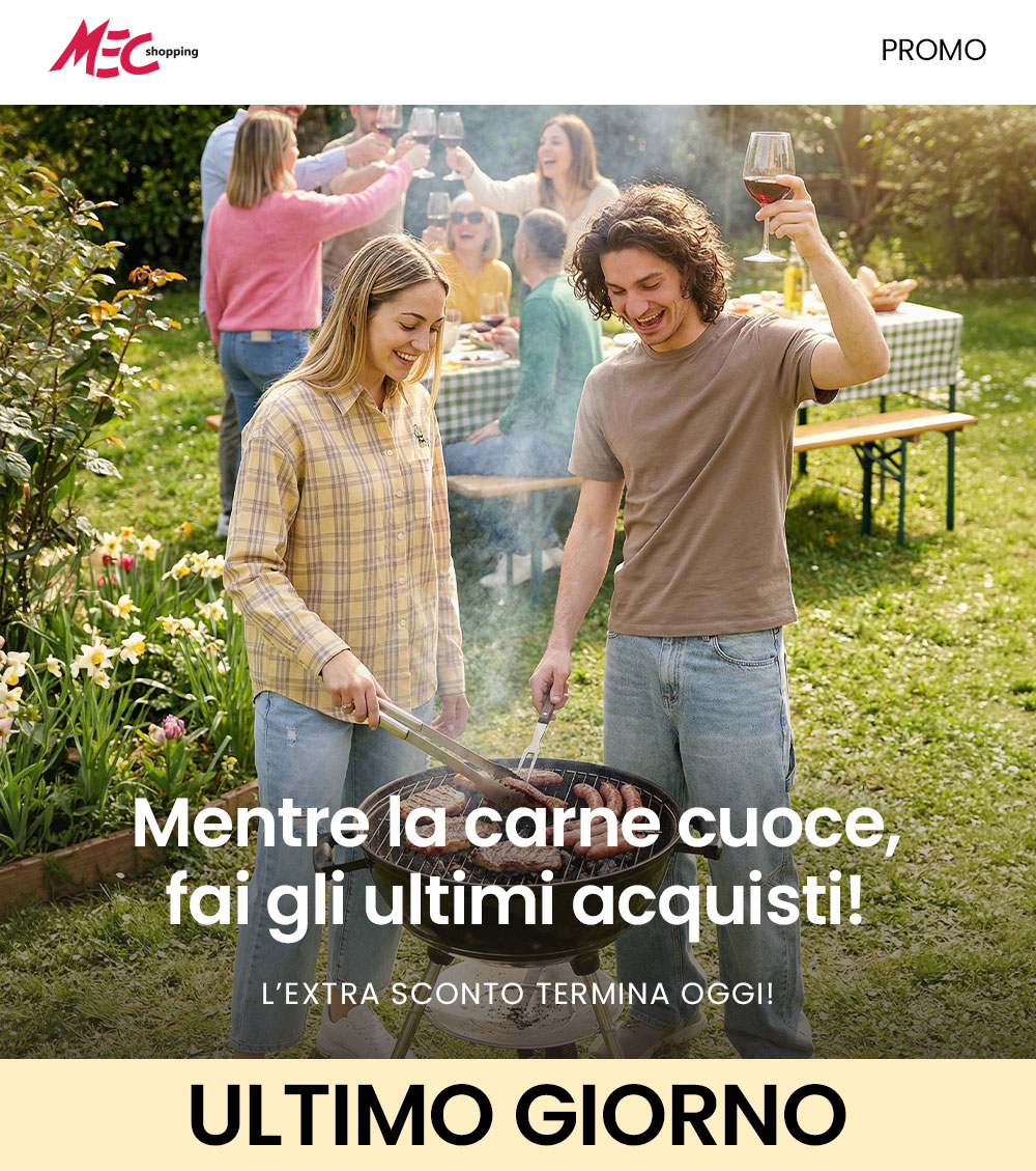 Group of friends enjoying a sunny backyard barbecue; two people grill sausages while others toast with wine at a picnic table