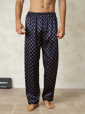 Image of Pantaloni Da Notte In Pura Seta Ginkgo Blu Navy Da Uomo Con Vita Elastica