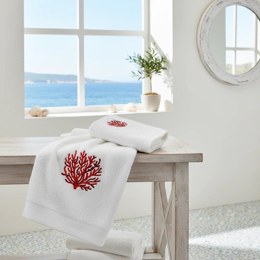 Image of Coppia di Asciugamani in Spugna <br>di Cotone con Ricamo - <b>Coralli