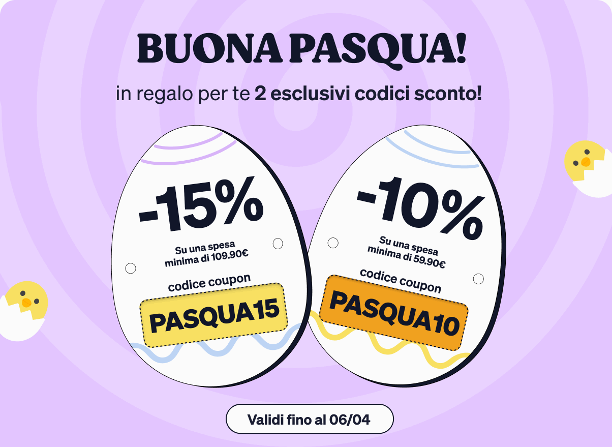 Easter promotion graphic on purple background with two decorated eggs showing -15% code PASQUA15 and -10% code PASQUA10, 'Buona Pasqua' headline and small chick icons
