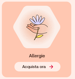 Illustrazione di una mano che tiene un fiore su sfondo pesca. Testo: &ldquo;Allergie&rdquo;. In basso pulsante: &ldquo;Acquista ora&rdquo;.