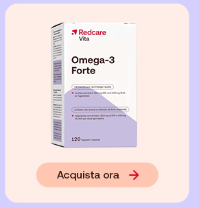 Confezione Redcare Vita Omega-3 Forte da 120 capsule su sfondo pesca chiaro. In basso pulsante: &ldquo;Acquista ora&rdquo;.