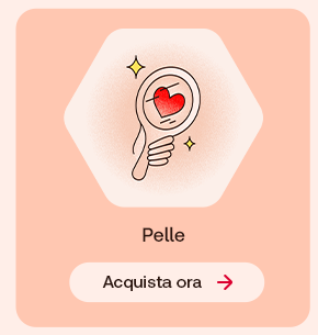 Illustrazione di uno specchio con un cuore al centro su sfondo pesca. Testo: &ldquo;Pelle&rdquo;. In basso pulsante: &ldquo;Acquista ora&rdquo;.