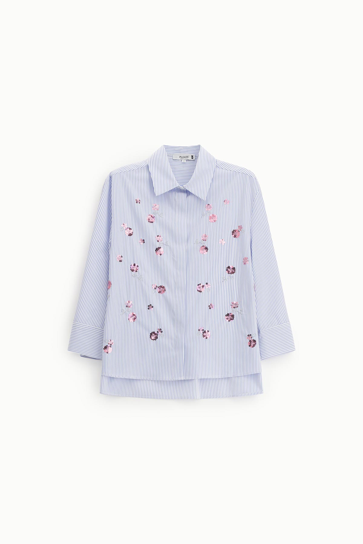 Women’s blue-and-white striped blouse with collar and three-quarter sleeves, scattered pink floral embroidery, relaxed fit