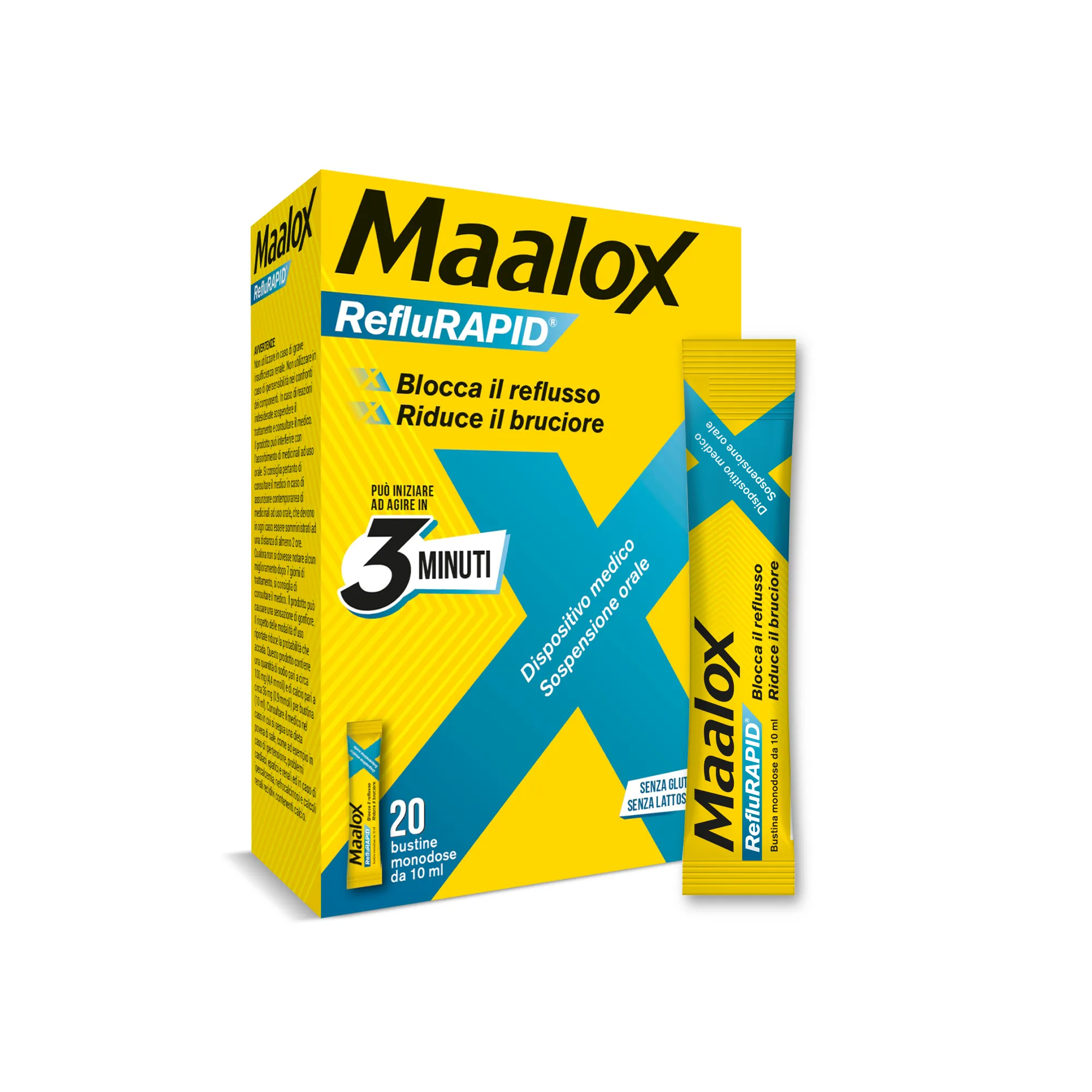 Maalox Reflurapid Blocca il Reflusso Neutralizza il Bruciore da Iperacidità 20 Stick