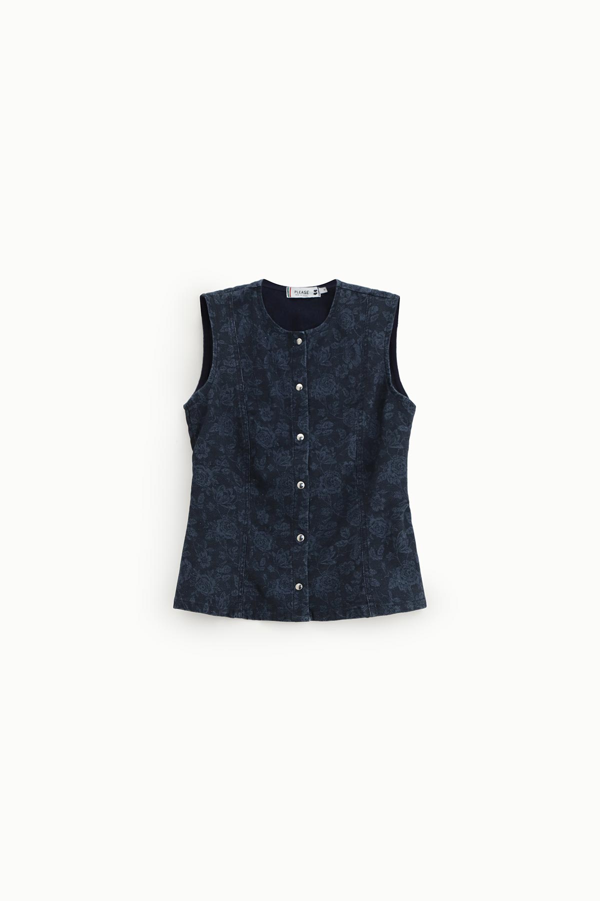 Women's navy sleeveless button-up jacquard top with subtle floral pattern and round neckline, flat-lay on white background