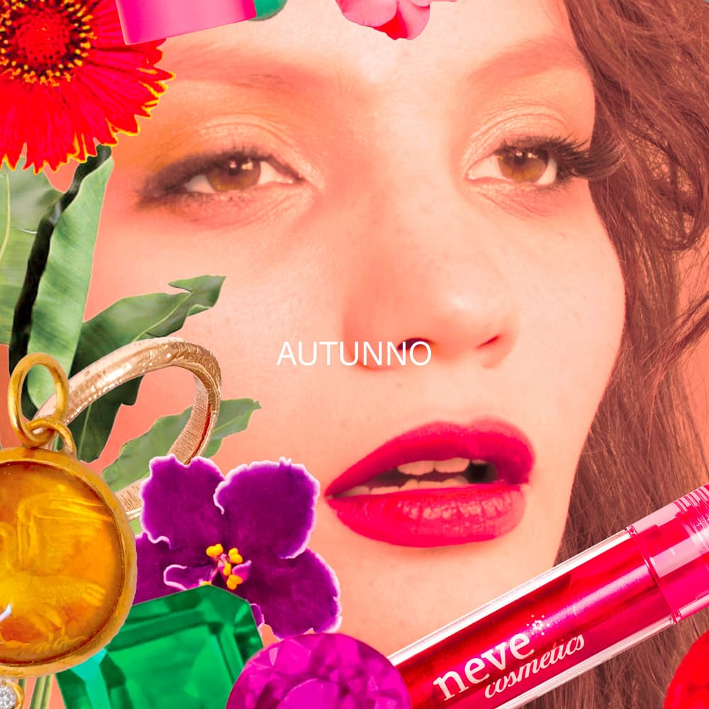Close-up of a woman's face with bold red lipstick, floral collage and red Neve Cosmetics lip gloss, text 'AUTUNNO'