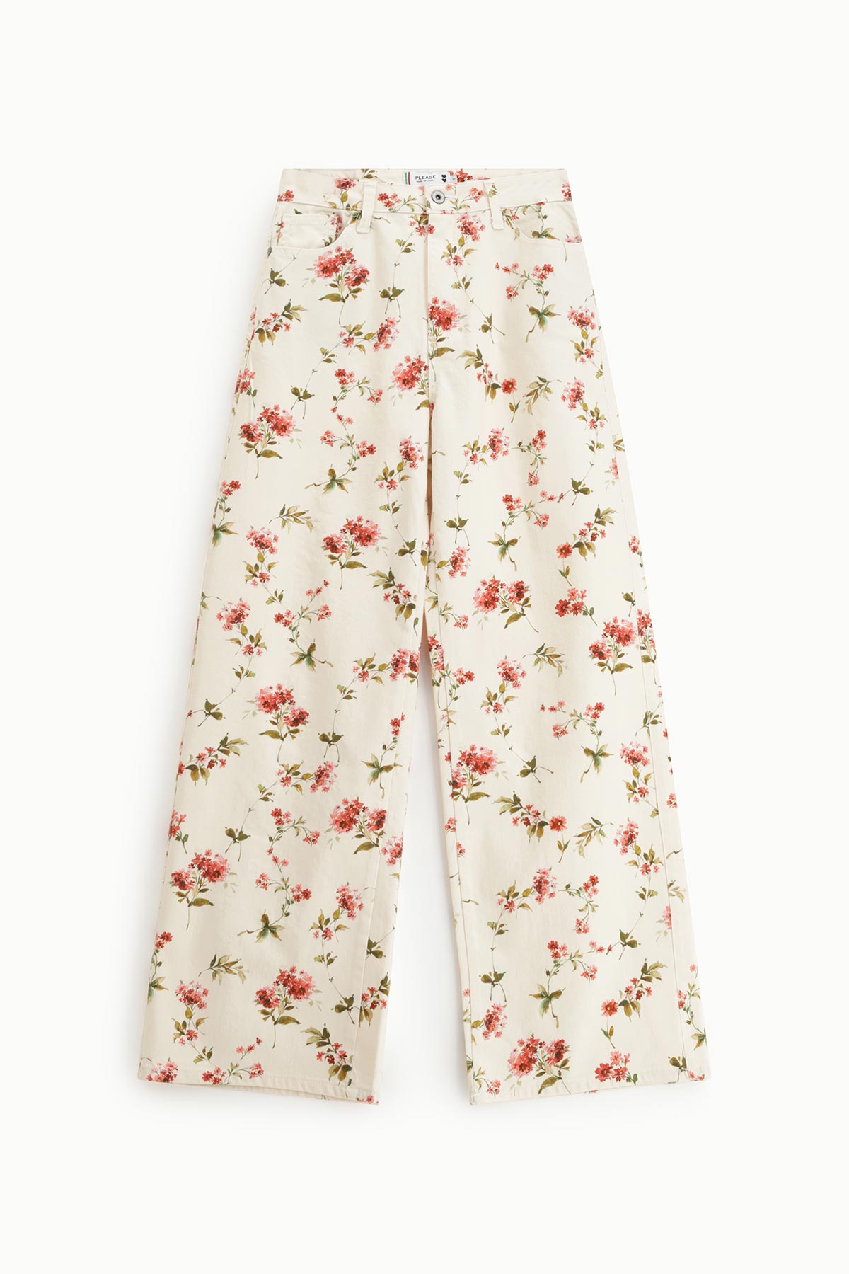 Cream high-waisted wide-leg trousers with pink and green floral print, front view on white background