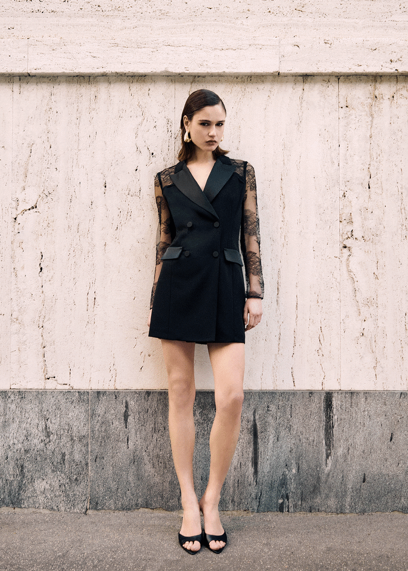 Editorial collage of diverse female models modelling a black dress, oversized coat, white blazer and grey suit in an urban setting