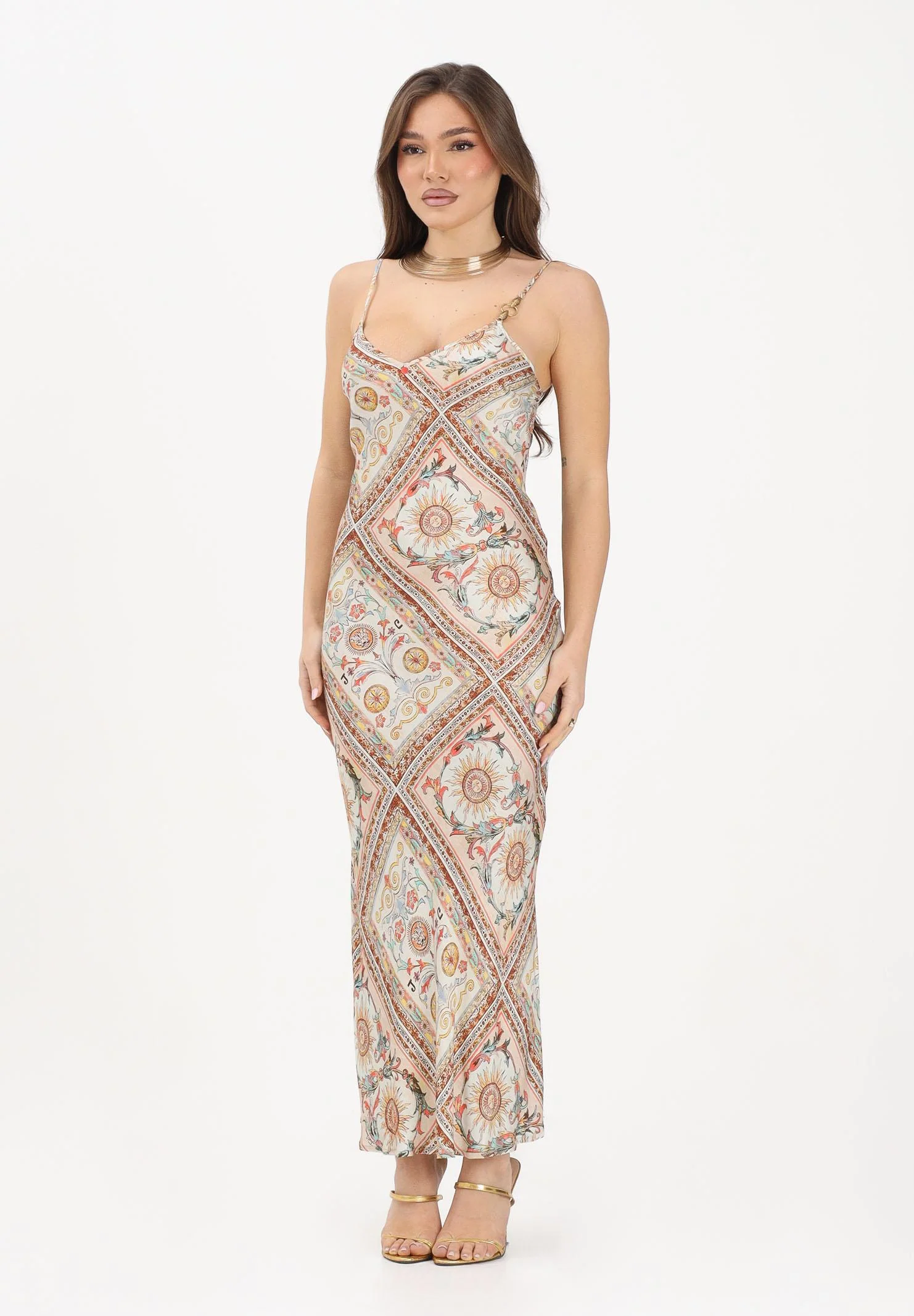 Image of JUST CAVALLI Abito midi beige da donna con stampa ornamentale