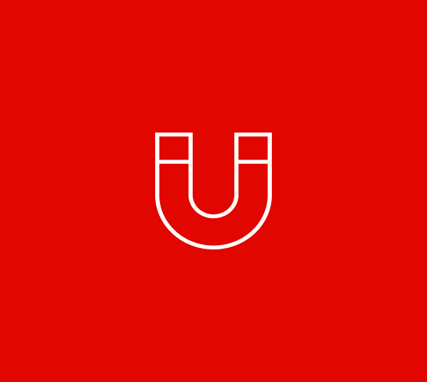 Icona bianca del contorno di un magnete a ferro di cavallo su sfondo rosso.