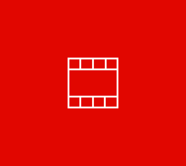 Un'icona di contorno bianco di una striscia di pellicola su sfondo rosso.