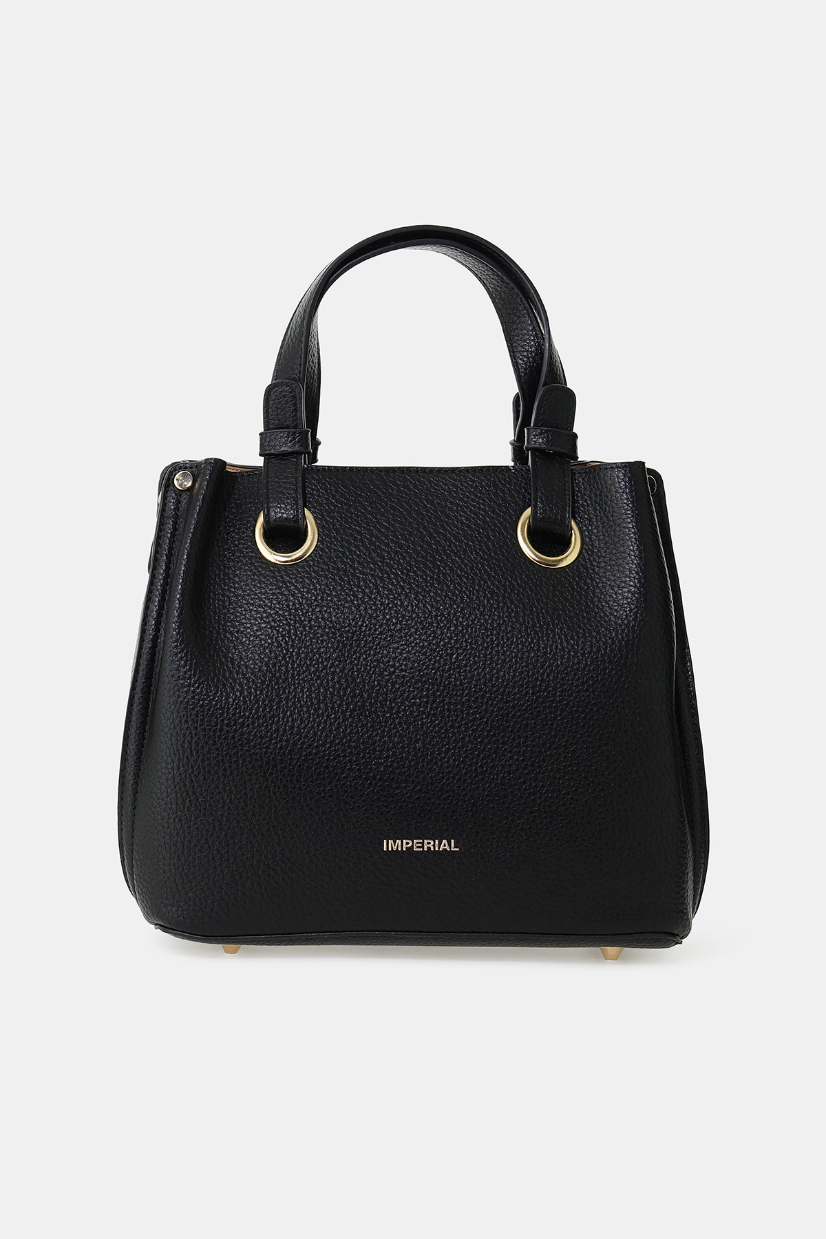 Black pebbled leather top-handle handbag with gold ring hardware and 'IMPERIAL' logo, structured tote for everyday use