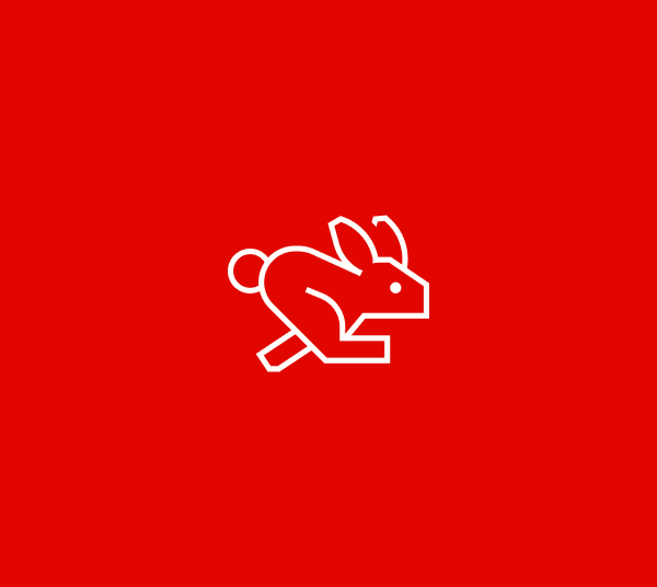 Un'icona di contorno bianca di un coniglio che corre su sfondo rosso.