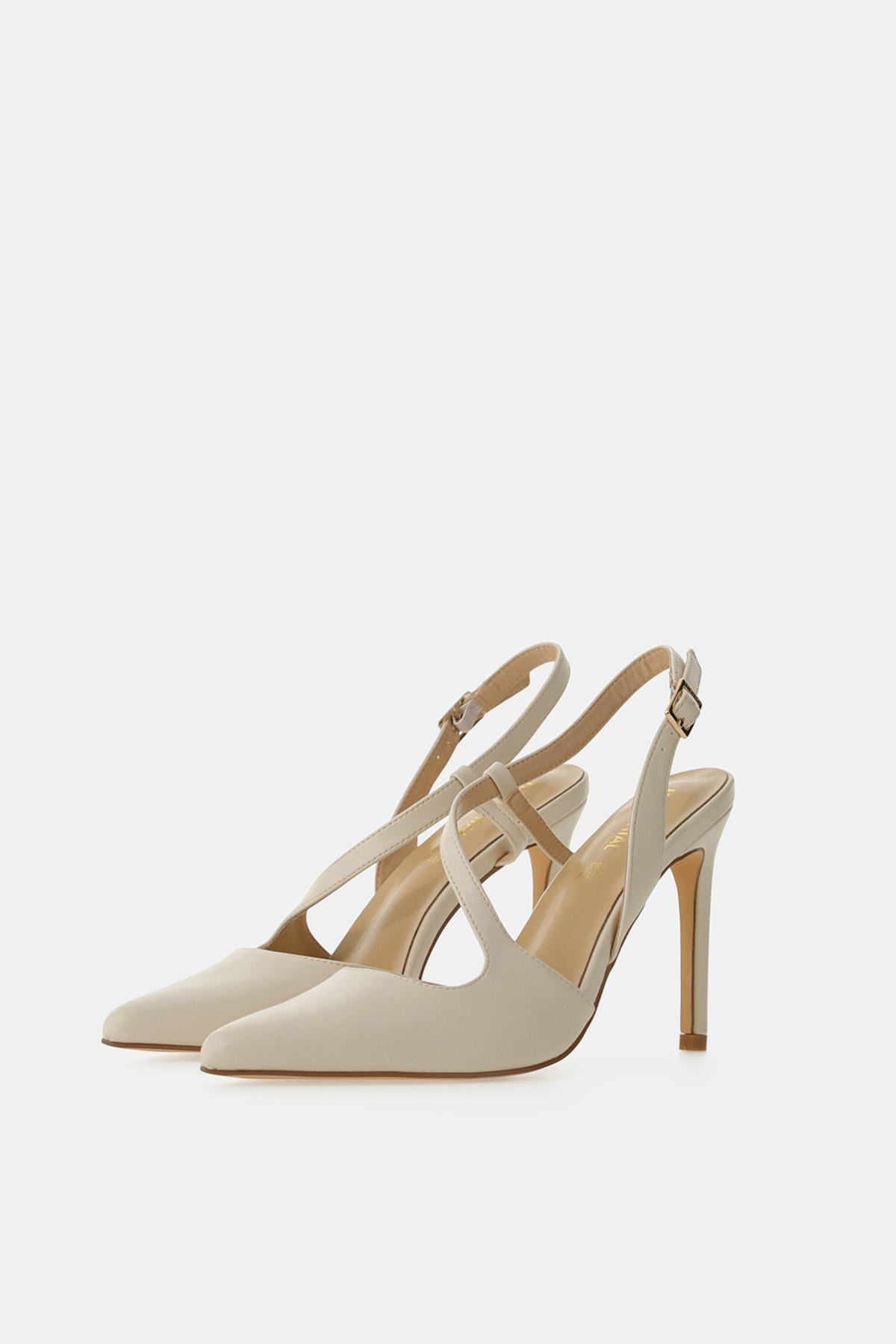 Cream leather pointed-toe slingback stiletto heels with criss-cross straps and adjustable ankle buckle
