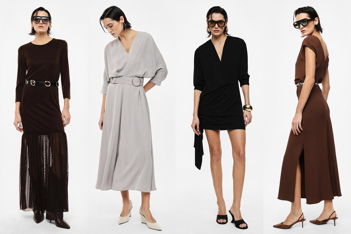 Four women modelling contemporary dresses: brown sheer-panel maxi, grey belted midi, black wrap mini, and brown belted slit midi, with sunglasses and heels