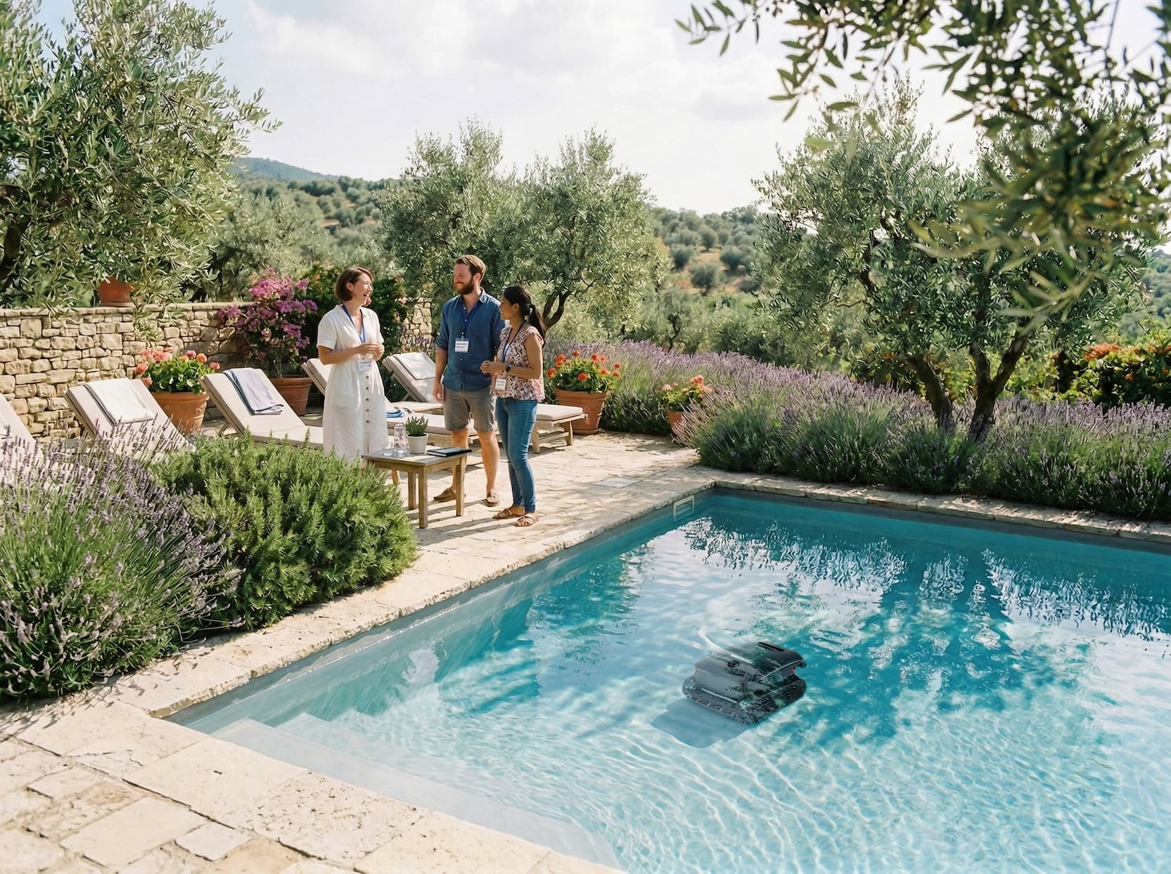 Recentemente, il nostro team ha piantato lavanda, rosmarino e ulivi intorno alla piscina durante i test. Anche nei giorni lavorativi più impegnativi, abbiamo notato che le persone si fermavano sotto gli alberi, come se fossero ricordate di rallentare e gustare il momento.