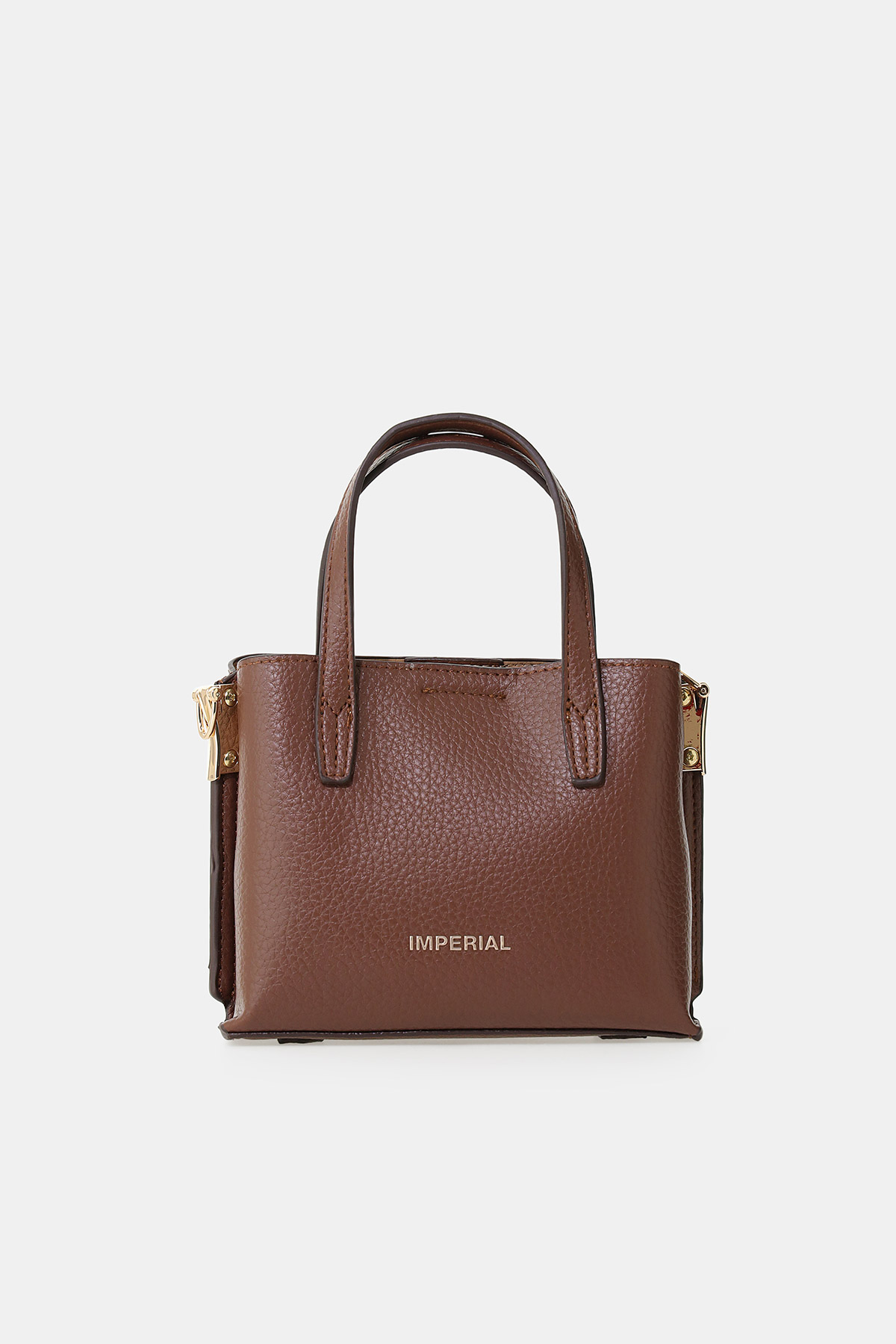 Small brown pebble-grain leather tote bag with top handles, gold-tone hardware and IMPERIAL logo on front