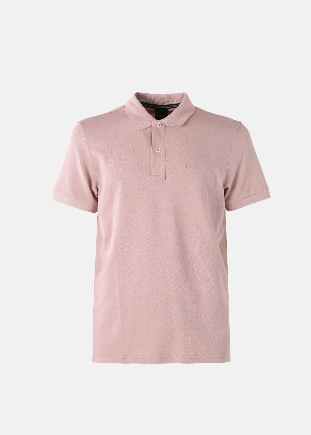 Men's dusty pink short-sleeve polo shirt with two-button placket and subtle logo, classic cotton pique on white background