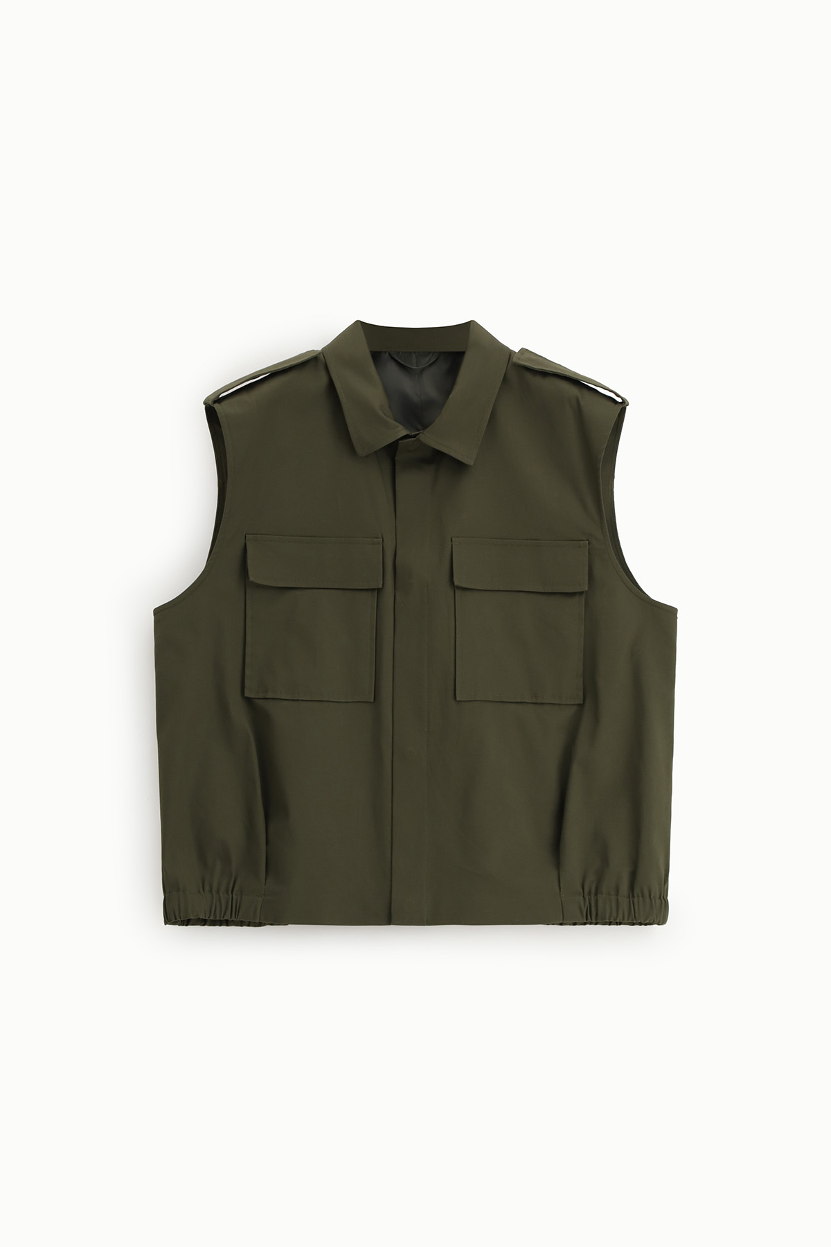 Olive green sleeveless utility vest with two front flap pockets, shirt collar and elasticated hem on white background