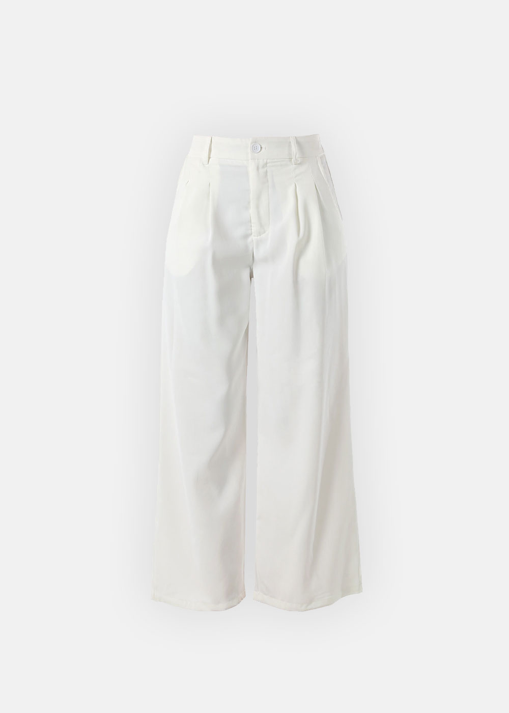 Women's white high-waist wide-leg trousers with front pleats, button-and-zip closure, soft drape